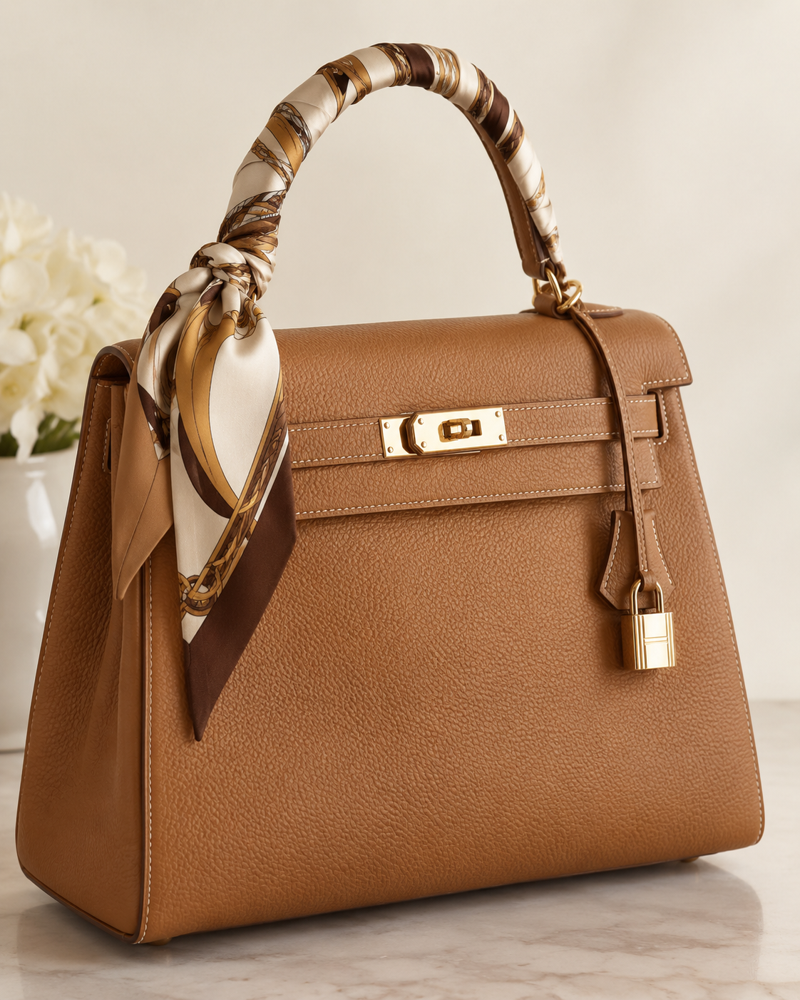 Luxury tan handbag editorial scene